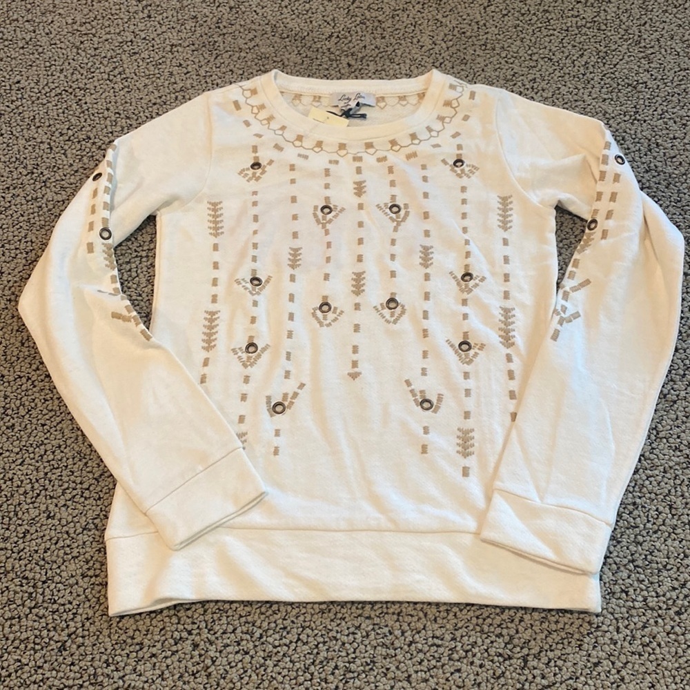 NWT Lucky Brand Lucky Lotus Knit Long Sleeved Shirt Size XS Cream & Tan